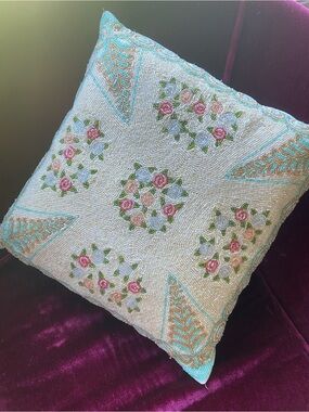 VTG Christiana Beaded Floral Throw Pillow Turquoise Pink Cottagecore Boho 15x15
